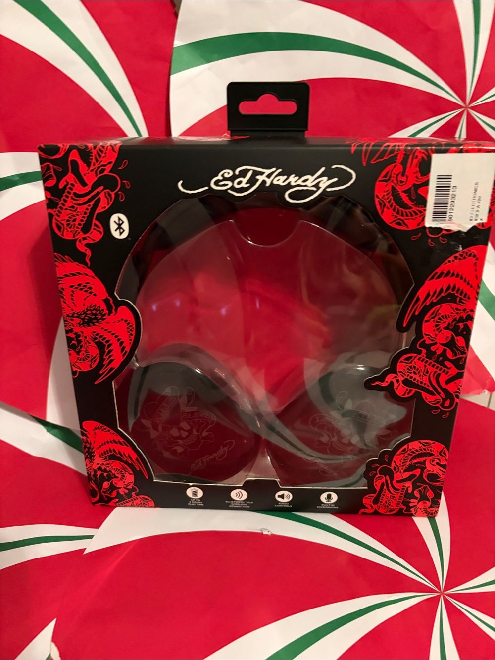 Ed Hardy Black and Red Bluetooth On-Ear Headphones with Signature Art